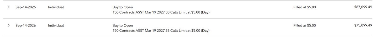 The image shows two brokerage order confirmations dated September 14, 2026, both for "Buy to Open" orders of 150 contracts of ASST March 19, 2027 $38 Calls—one filled at $5.00 ($75,099.49 total) and another at $5.80 ($87,099.49 total)—visually corroborating the poster's claim of purchasing 300 total ASST calls at those exact prices.