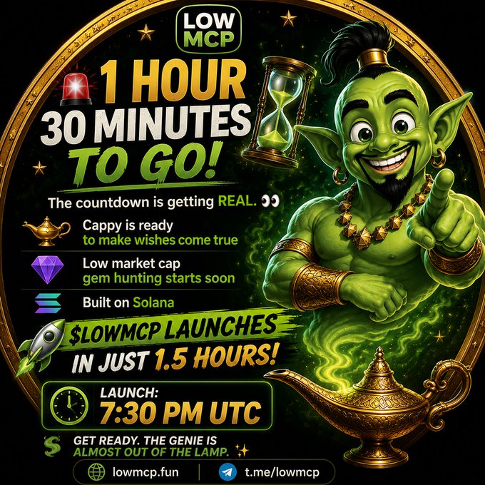Promotional graphic for $LOWMCP token launch featuring a green genie emerging from a magic lamp, announcing a launch at 7:30 PM UTC with '1 HOUR 30 MINUTES TO GO!' and listing it as a low market cap gem on Solana.