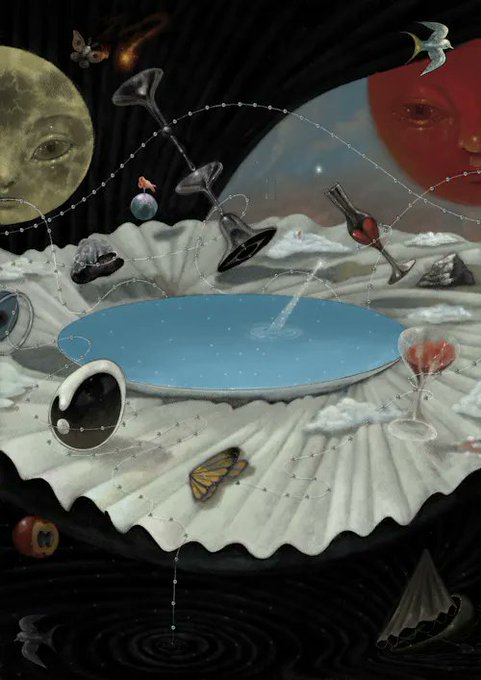 A surreal composition features a moon with closed eyes, a sun with a tear, martini glasses, a wine glass, a butterfly perched on a shell-shaped basin containing a pool of water, all connected by delicate constellation-like lines against a dark background—evoking the dreamlike, cosmic atmosphere implied by the caption "What remains when the Butterfly lands."