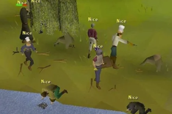 A screenshot from the video game Old School RuneScape showing multiple player characters all labeled 'Nice' standing around chopping willow trees in a forested area.