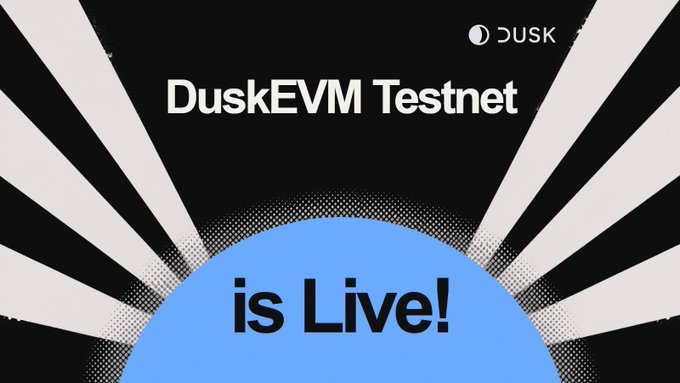 The image announces that "DuskEVM Testnet is Live!" alongside the Dusk logo, visually highlighting the launch mentioned in the post about deploying privacy-preserving EVM applications on the Dusk ecosystem.
