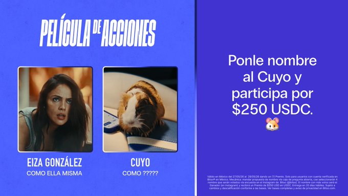The image features a blue advertisement for a movie called "Ponle nombre al Cujo y participant por 250 usdc". The poster includes two photos of people, one with a guinea pig and another without any animals. The text on the poster encourages viewers to participate in the movie by sharing it on social media or entering a contest where they can win 250 USDC.
