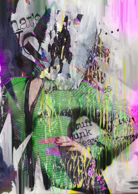 An abstract/glitch art piece depicting a figure in a green textured dress with red nail polish, overlaid with colorful paint drips in yellow, magenta, and pink, along with partial text fragments like 'nat's', 'Tau', 'scuff', 'unk', and 'ogar'.