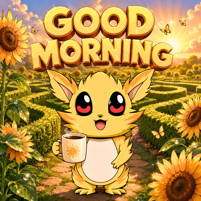 A cheerful yellow chibi-style creature holds a coffee mug in a sunflower field beneath large 'GOOD MORNING' text.