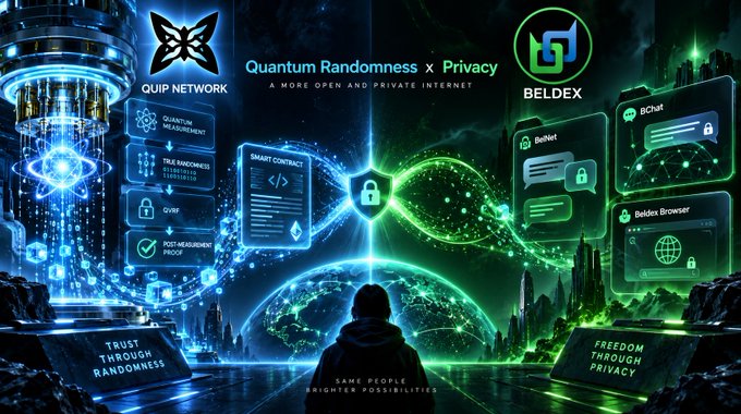 A promotional graphic titled 'Quantum Randomness x Privacy' featuring the 'QUIP NETWORK' and 'BELDEX' logos alongside futuristic green and blue visual elements.
