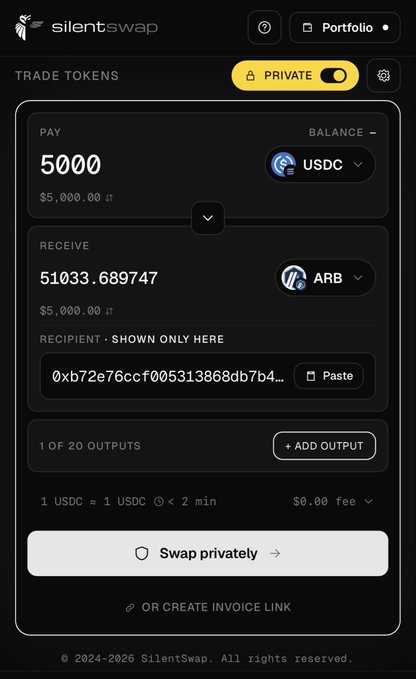 The image shows a SilentSwap interface for a private crypto trade, where a user is swapping 5,000 USDC on Solana for approximately 51,033.69 ARB tokens on Arbitrum via the "Swap privately" button. This directly illustrates the post's claim of enabling private swaps between the Solana and Arbitrum networks.