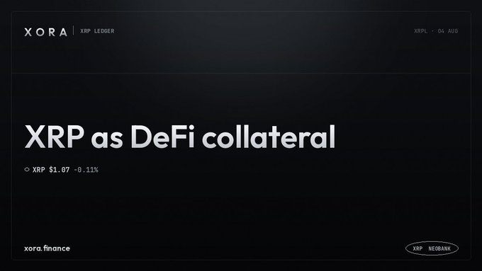 The image is a dark-themed header graphic for "XORA | XRP LEDGER" featuring the headline "XRP as DeFi collateral" along with the current price "XRP $1.07 -0.11%" and the website "xora.finance." It visually introduces the post's topic of XRP's emerging role in decentralized finance lending, specifically through integrations involving Flare, Morpho, and Ripple's RLUSD stablecoin.