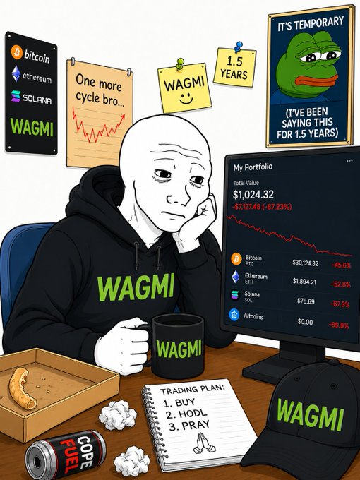A cartoon illustration of a depressed 'WAGMI' hoodie-wearing Wojak staring at a computer screen showing a crypto portfolio down 87.23% to $1,024.32, with Bitcoin, Ethereum, Solana, and Altcoins all in red, alongside a 'Trading Plan' notebook listing '1. BUY, 2. HODL, 3. PRAY' and Pepe posters mocking the 'it's temporary' dip.