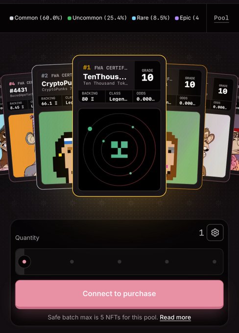 A digital marketplace interface shows NFT cards with rarity percentages (Common 60.0%, Uncommon 25.4%, Rare 8.5%, Epic 4.0%), featuring a highlighted 'TenThous...' card priced at 8,000 with a 'Connect to purchase' button.