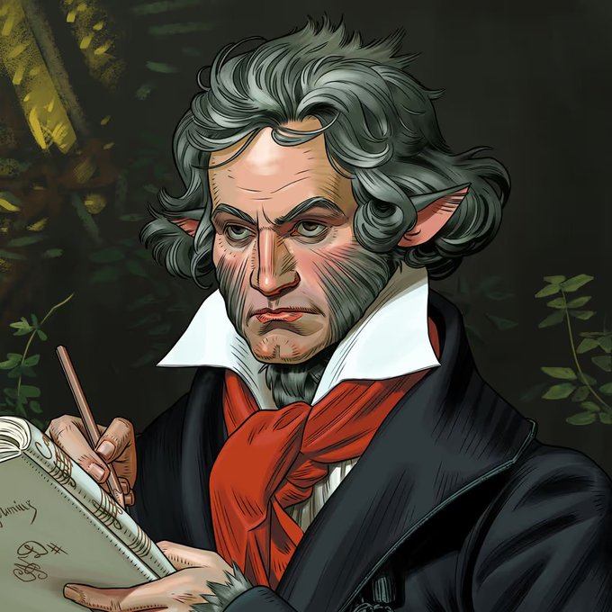 A stylized digital illustration of a stern-looking man with gray hair, pointed ears, and sideburns, wearing a dark coat with a red cravat, holding a quill pen and writing in a book.
