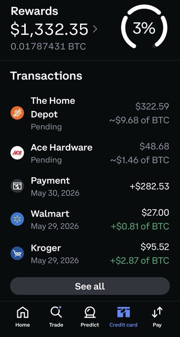 The image shows a phone screen displaying a detailed account of transactions, including purchases made at Walmart and Kroger, as well as Bitcoin transactions. The text on the screen reads "see all", indicating that the user can view all transactions and balances for various accounts. The post in question suggests using @coinbase one card to pay for Bitcoin transactions, which is a popular method of payment for Bitcoin users.