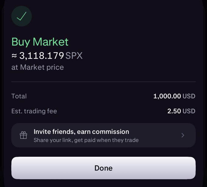 A dark-themed mobile app screen confirms a "Buy Market" order for "≈ 3,118.179 SPX at Market price," showing a total of "1,000.00 USD" and an estimated trading fee of "2.50 USD," with a "Done" button at the bottom.