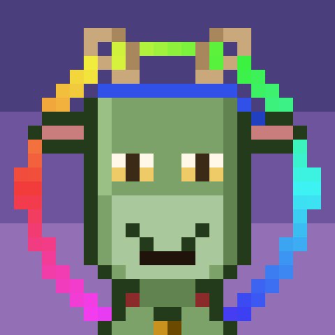 A pixel art illustration of a green, square-shaped character with a smiling face, wearing a colorful rainbow headpiece, set against a purple background.