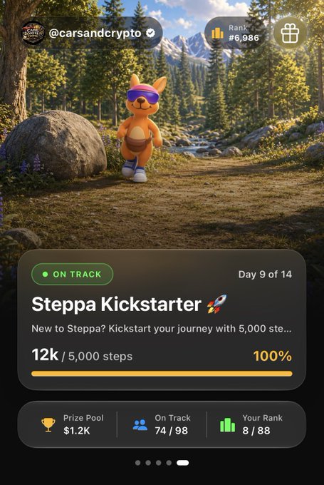 A fitness app screenshot showing the Steppa Kickstarter challenge completed 100% with 12k of 5,000 steps on Day 9 of 14, by user @carsandcrypto with a Rank of #6,986.