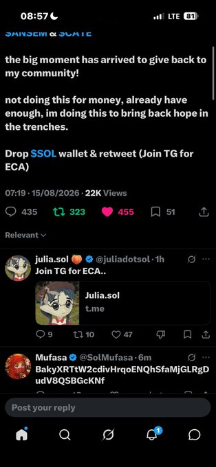 A Twitter/X screenshot of a post by @donjlnax reading 'the big moment has arrived to give back to my community! not doing this for money, already have enough, im doing this to bring back hope in the trenches. Drop $SOL wallet & retweet (Join TG for ECA)', with 22K views.
