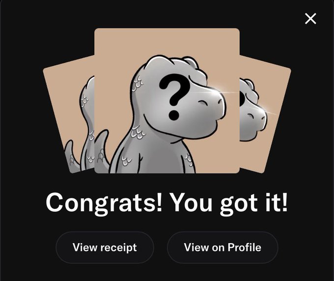 A digital receipt or notification screen displays a cartoon dinosaur character with a question mark on its face, with text reading "Congrats! You got it!" along with buttons for "View receipt" and "View on Profile".