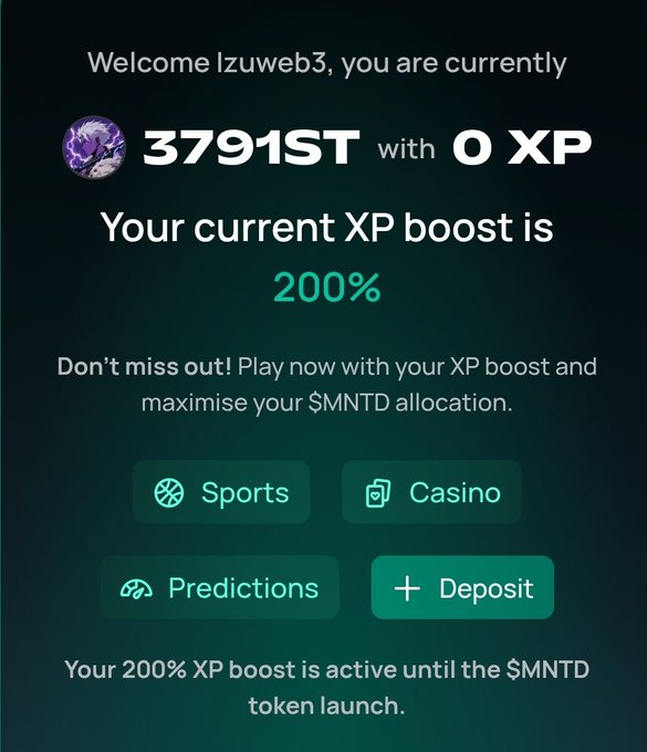 A user named "Izuweb3" (3791st place, 0 XP) views a PlayOnMint dashboard showing a 200% XP boost active until the $MNTD token launch, with options for Sports, Casino, Predictions, and Deposit, aligning with the post about setting up a PlayOnMint account before heading to the casino dashboard to maximize $MNTD allocation.