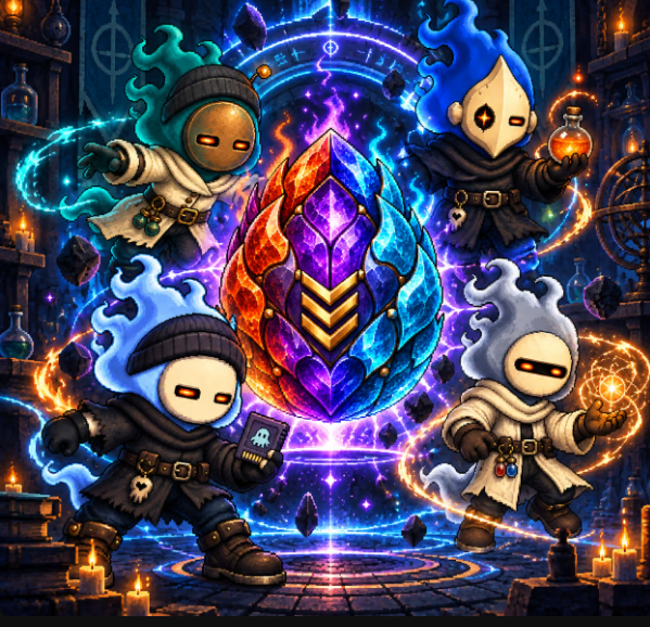 Four hooded, flame-headed ghost characters in wizard attire surround a glowing, multicolored crystal egg floating above a magical summoning circle, with one character holding a small book and another grasping a potion bottle. The image visually represents the "Ghost" NFT mint announcement by @cifer_security, depicting spectral figures channeling arcane power to summon the central artifact, fitting the mystical theme of the upcoming 4,000 Ghost launch on Robinhood Crypto.