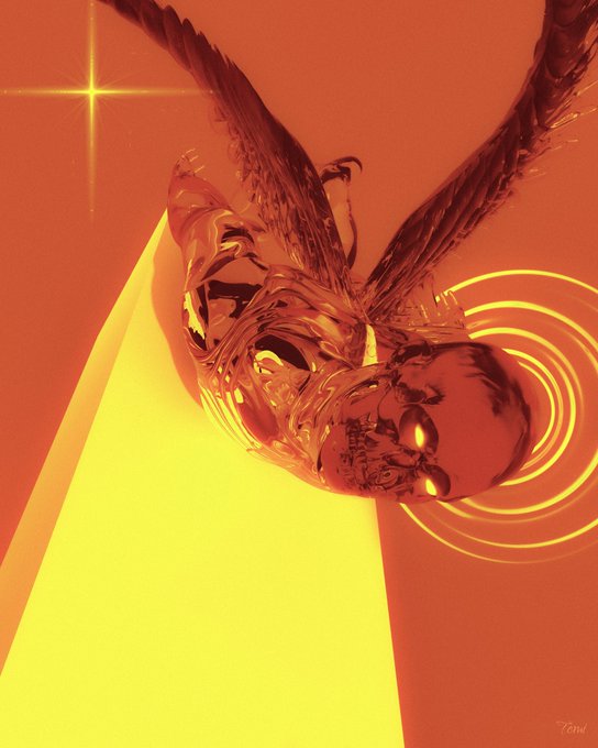 A stylized digital illustration of a winged figure in fiery red and gold tones, descending against a bright yellow beam of light with a star and glowing rings.