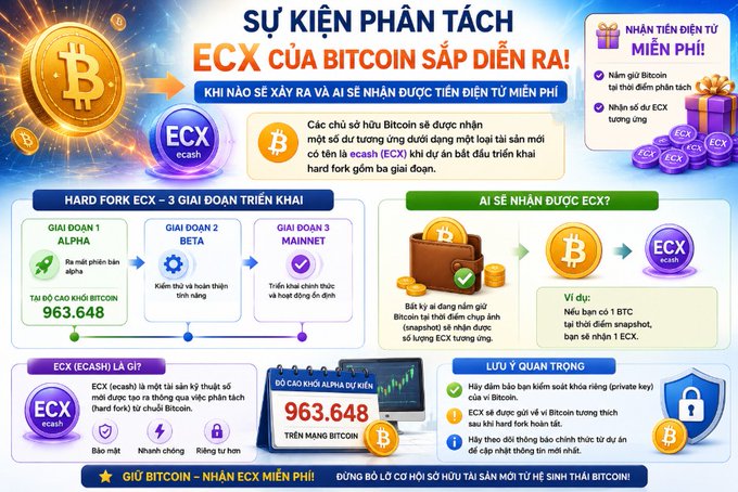 Vietnamese-language infographic about a Bitcoin ECX (ecash) hard fork event, showing a Bitcoin block height of 963,648 across three stages: Alpha, Beta, and Mainnet.