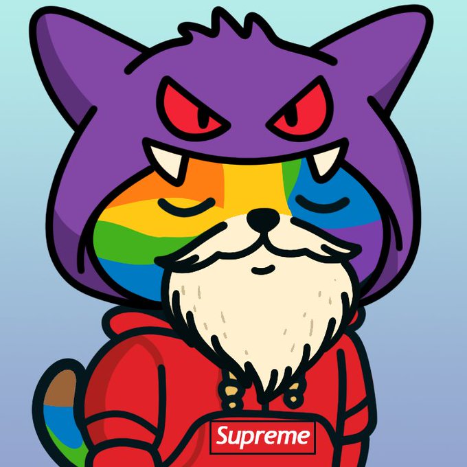 A cartoon illustration of a cat-like creature wearing a purple Gengar-style hood, with a rainbow Google Chrome pattern on its face, dressed in a red Supreme hoodie.