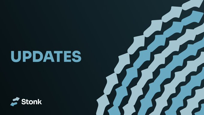 The image is a branded "UPDATES" announcement graphic for the Stonk project, featuring their logo on a dark background with stylized blue chevron arrows. It pairs with the post's message about $STONK being undervalued despite market shakeouts, visually reinforcing the project's continued development and momentum during a temporary downturn.