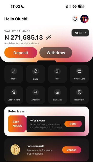 A screenshot of the Quickchain app dashboard displays a wallet balance of ₦271,685.13 in NGN for user "Oluchi," featuring options to deposit or withdraw and icons for trade, swap, bills, virtual card, leaderboard, analytics, rewards, and rate calculator, along with a "Refer & earn" promotion offering ₦1,000. The image supports the post's promotion of the Quickchain app for selling crypto and earning referral bonuses.