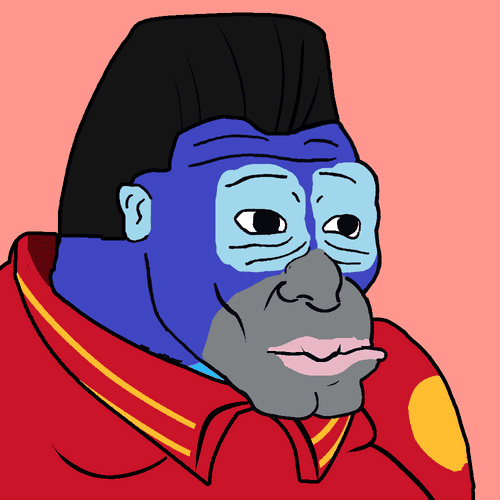 A digital illustration/drawing of a stylized monkey-like character with blue skin, black hair, and a red jacket against a pink background.