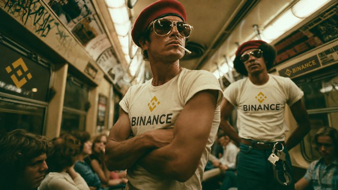 A stylized image resembling a retro movie poster showing muscular men in red berets and sunglasses wearing white t-shirts emblazoned with the Binance logo on a graffiti-covered subway car.