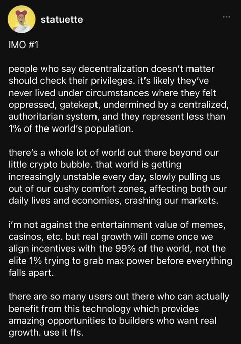 A screenshot of a social media post by user "statuette" titled "IMO #1" arguing that decentralization matters and critics represent less than 1% of the world's population, urging builders to align incentives with the 99% for real growth. The post relates to the accompanying thread about forking toward decentralized social platforms like Farcaster, as it establishes the user's core stance on decentralization that the larger thread expands upon.