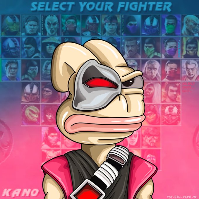 A 'Select Your Fighter' video game-style screen featuring a cartoon Pepe dressed as Mortal Kombat's Kano in the foreground, with a roster of character portraits behind.