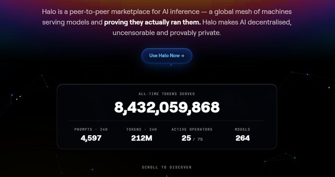 The Halo platform showcases its peer-to-peer AI inference marketplace, highlighting that it has served 8,432,059,868 tokens. This image visually supports the post's narrative of a decentralized AI future by displaying significant usage metrics.