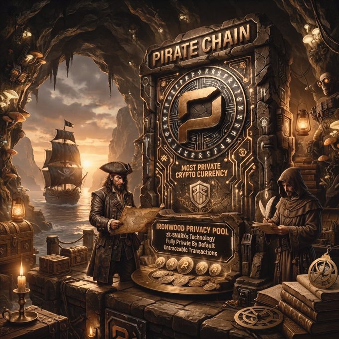 A digital illustration promoting "Pirate Chain" as the "Most Private Crypto Currency," featuring two pirates in a cave setting with a pirate ship, treasure, and gold coins, highlighting the "IRONWOOD PRIVACY POOL" and its zk-SNARKs technology.