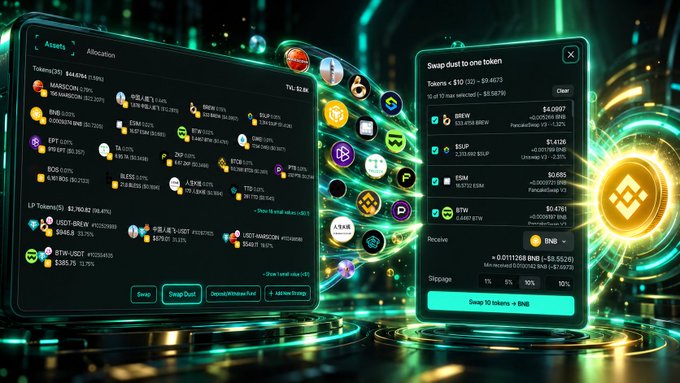 A futuristic, dark-themed crypto swap interface displaying token balances on the left and a 'Swap dust to one token' panel on the right, featuring various cryptocurrency logos and neon teal accents.
