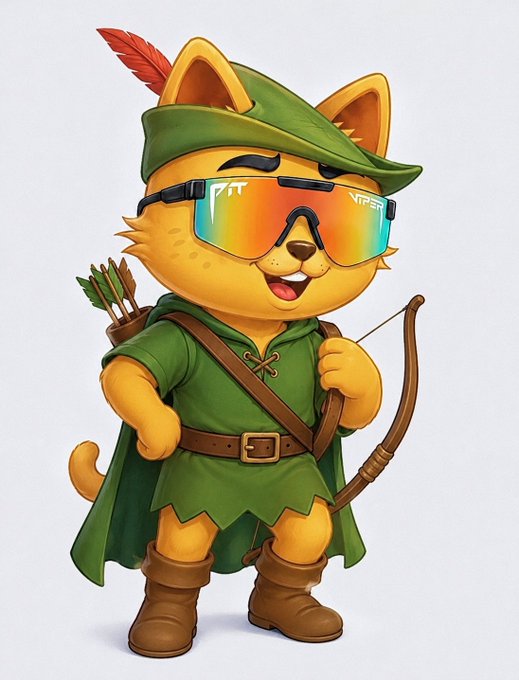A 3D cartoon illustration of a yellow cat dressed as a medieval archer, wearing a green tunic and hat with a red feather, large rainbow-tinted sunglasses with 'PTT' and 'VIPER' text, and carrying a bow and a quiver of arrows on its back.