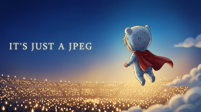 A digital illustration of a small, bear-suited child with a red cape floating above clouds over a glowing city at dusk, with the text 'IT'S JUST A JPEG' displayed on the left.