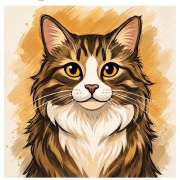 A watercolor-style illustration of a fluffy brown and white tabby cat with striking yellow eyes.