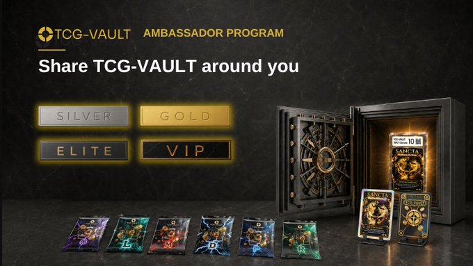 A promotional graphic for the 'TCG-VAULT AMBASSADOR PROGRAM' features tier badges (Silver, Gold, Elite, VIP), an open vault, and several digital trading cards.