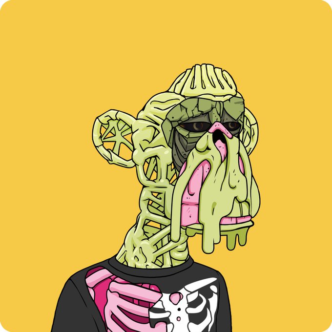 A cartoonish skeletal figure with a yellow-green, melting skull, exposed ribcage, and a black skeleton-print shirt stands against a yellow background, fitting the "Bored Ape" theme. The image relates to the post as a representation of the Bored Ape #4695 NFT that the user has just purchased, marking their entry into the community.