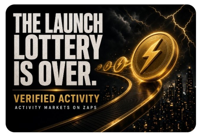 A dark promotional graphic reads “THE LAUNCH LOTTERY IS OVER.” and “VERIFIED ACTIVITY,” with smaller text “ACTIVITY MARKETS ON ZAPS,” beside a golden coin bearing a lightning bolt and a glowing road in a stormy city.