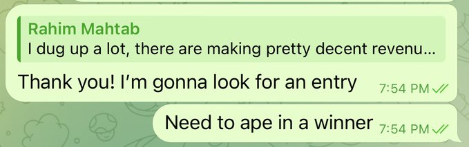 A WhatsApp conversation from "Rahim Mahtab" at 7:54 PM shows messages reading "I dug up a lot, there are making pretty decent reve…" followed by "Thank you! I'm gonna look for an entry" and "Need to ape in a winner," relating to the post's theme of a friend feeling upset about missing out on a once-in-a-lifetime trade like the TRUMP memecoin.