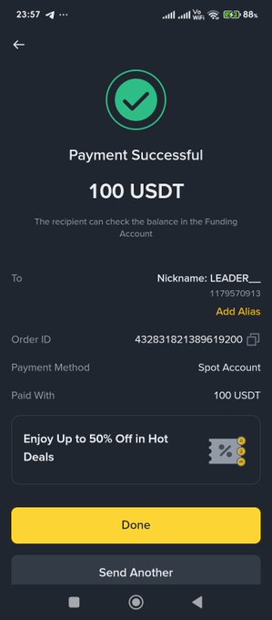 A screenshot of a Binance app showing a successful 100 USDT payment to nickname "LEADER___" (UID 1179570913) paid via Spot Account, serving as proof of the transaction mentioned in the post promising $100 giveaways to followers.