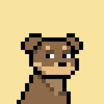 A pixel art illustration of a brown bear with blue eyes against a beige background.