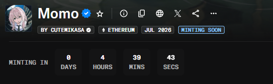 An NFT minting countdown for 'Momo' by CUTENIKASA on Ethereum, with minting in 0 days, 4 hours, 39 minutes, 43 seconds in July 2026.