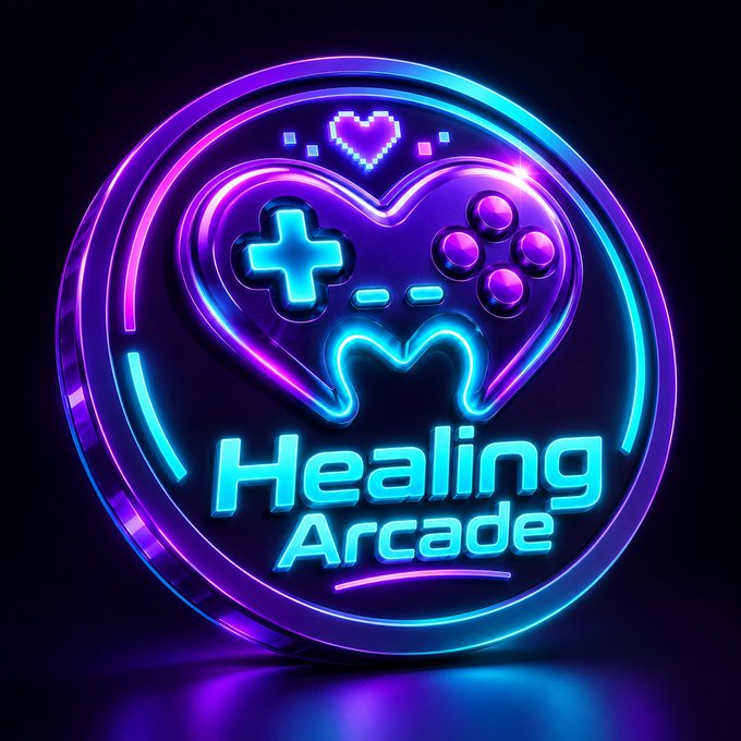 A neon purple and blue glowing emblem featuring a heart-shaped game controller with the text 'Healing Arcade' below it.