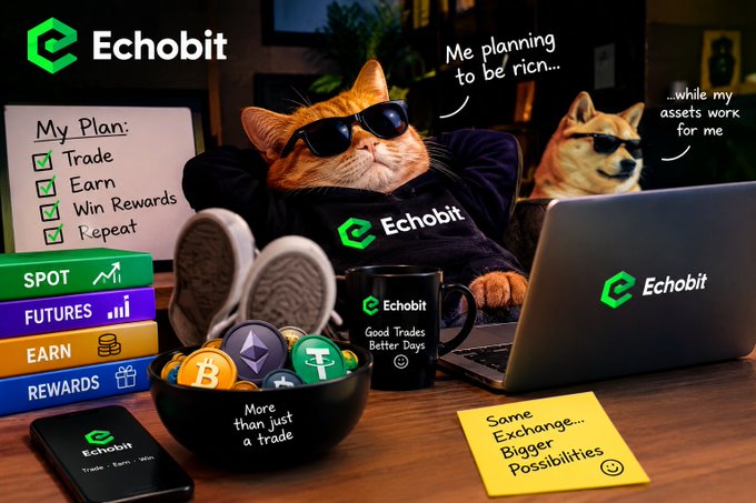 A promotional image for Echobit featuring an orange cat wearing sunglasses and an Echobit shirt sitting at a laptop, with a checklist reading 'My Plan: Trade, Earn, Win Rewards, Repeat' and notes like 'Me planning to be rich' and 'Same Exchange... Bigger Possibilities.'