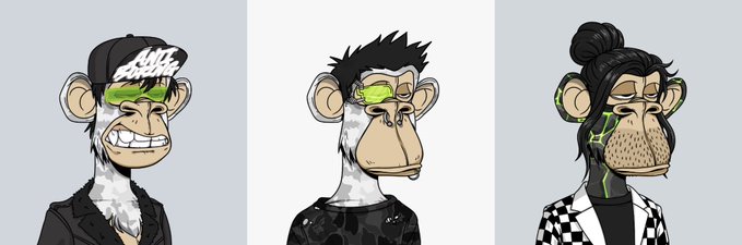 Three cartoon-style Bored Ape NFTs with green laser eyes, featuring different traits like a black cap, spiky hair, and a checkered suit.