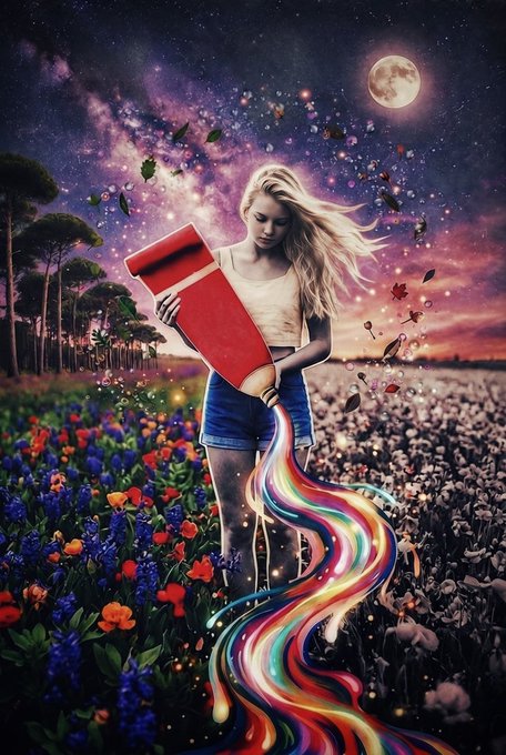 A surreal artwork shows a young girl pouring a flowing river of rainbow colors from a red pitcher into a field of flowers, set against a cosmic sky with a full moon and scattered leaves.