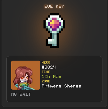 A pixel art display showing an 'EVE KEY' item, with character stats: HERO #8824, TIME 12h Max, ZONE Primora Shores, and a character labeled 'NO BAIT'.