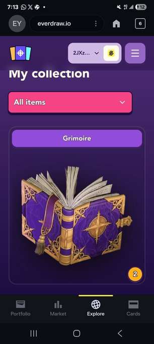 A smartphone screenshot shows the everdraw.io app with the "My collection" page open, displaying a purple and gold fantasy-themed "Grimoire" item card. The interface shows "2Jx2..." at the top, with tabs for Portfolio, Market, Explore, and Cards at the bottom.